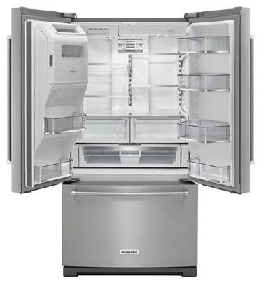 36" KitchenAid 26.8 Cu. Ft. Standard Depth French Door Refrigerator With Exterior Ice And Water and PrintShield Finish - KRFF507HPS