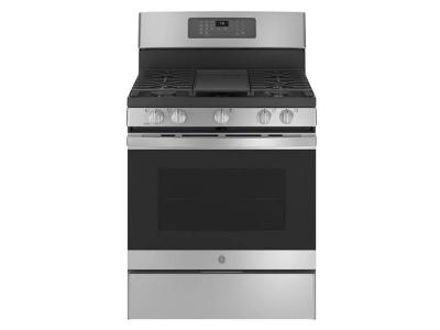 30" GE 5.0 Cu. Ft. Fan Convection 5-Burner Freestanding Gas Air Fry Range - JCGB735SPSS